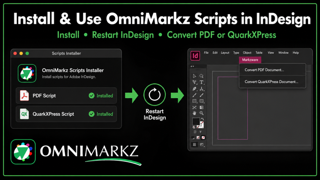 Install OmniMarkz PDF and QuarkXPress scripts and use them from the Markzware menu in Adobe InDesign
