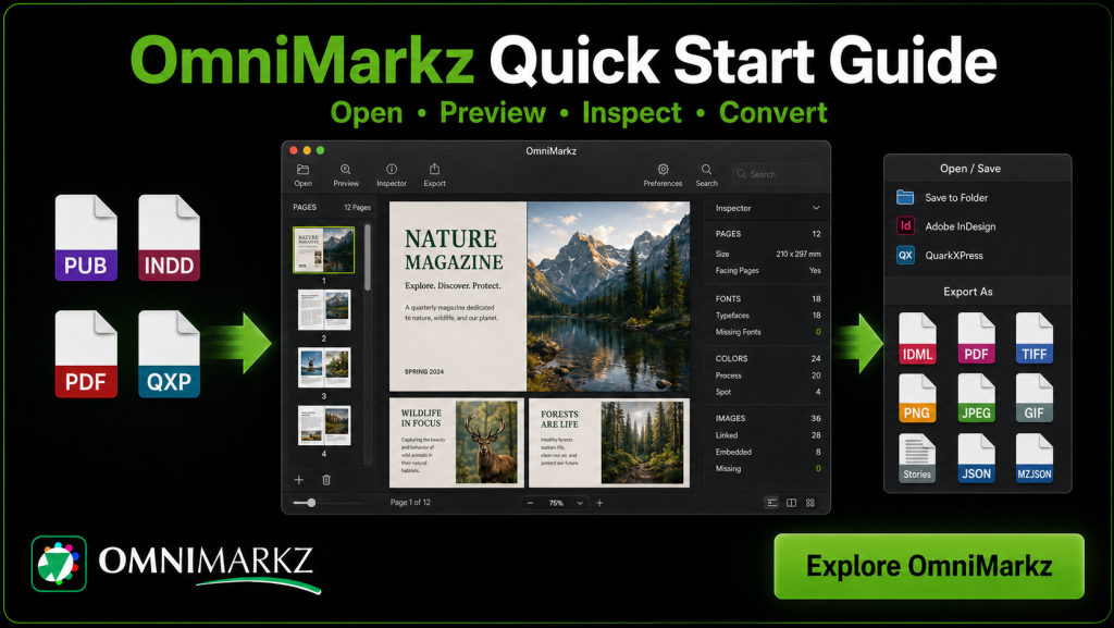 OmniMarkz Quick Start workflow for opening, previewing, inspecting and exporting supported publishing files.