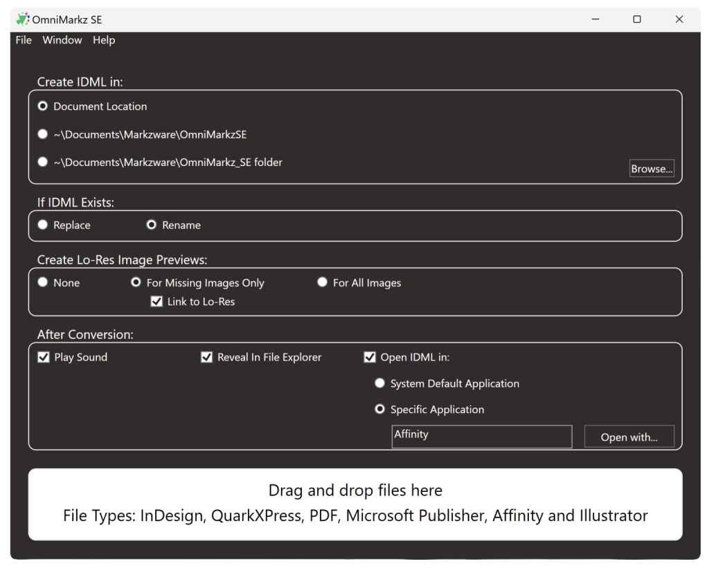 OmniMarkz SE for Windows settings for creating IDML and opening converted files