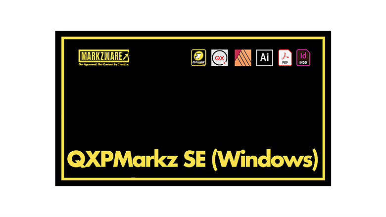 QXPMarkz SE the new Q2ID for Windows (Video-Thumbnail für YouTube): Markzware Logo in Gelb, "QXPMarkz SE (Windows)" in Gelb und Logos für QXPMarkz, QuarkXPressAffinity Publisher, Illustrator, Acrobat & InDesign auf schwarzem Hintergrund mit gelbem Rahmen.