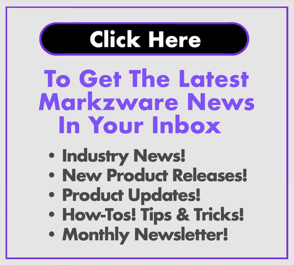« Cliquez ici » en blanc sur un bouton noir à bordure violette. « Pour obtenir les dernières informations Markzware Actualités dans votre boîte mail. Actualités du secteur ! Nouveaux produits ! Mises à jour produits ! Tutoriels ! Conseils et astuces ! Newsletter mensuelle ! (Texte noir sur fond gris avec cadre violet)