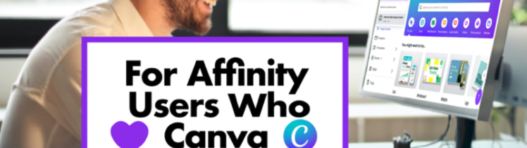 Markzware Logo. "For Affinity Users Who Love Canva" in Black Text on White Rectangle w/ Purple Frame. ConvertMarkz Logo. "Experience Now" Button. Man with red beard views Canva screen on computer. 1200x973