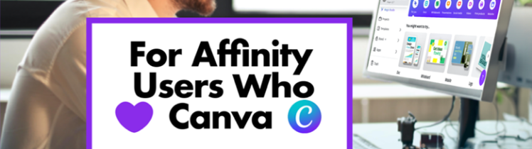 Markzware Logo. "For Affinity Users Who Love Canva" in Black Text on White Rectangle w/ Purple Frame. ConvertMarkz Logo. "Experience Now" Button. Man with red beard views Canva screen on computer.