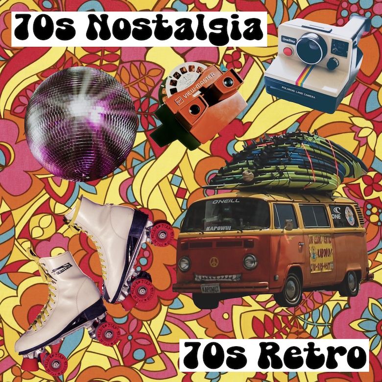 Tendances du design graphique&nbsp;: nostalgie des années 70 / exemple rétro des années 70 (780 x 780). "70s Nostalgia" et "70s Retro" en texte noir sur blanc. Boule disco, View-Master, appareil photo Polaroid, patins à roulettes et fourgon VW avec planches de surf. Le tout sur un fond floral groovy et lumineux.