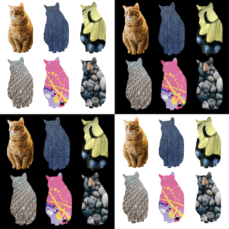 Tendances de conception graphique&nbsp;: exemple de sens et de texture (780 x 780). Formes de chat avec différentes textures à l'intérieur de 2 carrés noirs et 2 carrés blancs. Les textures incluent la fourrure de chat, le denim, l'aile de papillon, le papier bulle, les éclaboussures de peinture et les pierres.