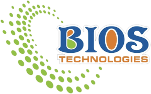 Bios Technologies Logotype 2366x1478: Tilted Circle of Green Dots Logo on Left. "BIOS" in Blue Text. "Technologies" in Orange Text. All on White Background.