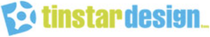 Tinstar Design Logotype w/ Square Icon, 4454x800: White Sheriff's Badge in Blue "D" Icon with "tinstar" in Green Text & "design" in Blue Text on White Background.