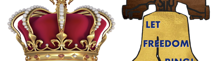 Content Is King. Let Freedom Ring! "CONTENT" in Blue Text under Crown of Gold, Pearls, Jewels & Red Velvet. Golden & Wooden Liberty Bell with "Let Freedom Ring" in Blue Text.