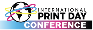International Print Day Conference logotype (no dates), 3900x1280 Deborah Corn, Founder, Print Media Centr: Cyan, Magenta, & Yellow Rings around Black Outline Globe and "International Print Day" in Black Text on White over "Conference" in White Text on Blue to Black Gradient.