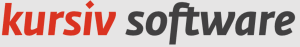 Kursiv Software logotype (Karsten Risseeuw CEO, Kursiv GmbH), 4000x625: "kursiv" in Red Text and "software" in Black Text on Light Gray Rectangle.