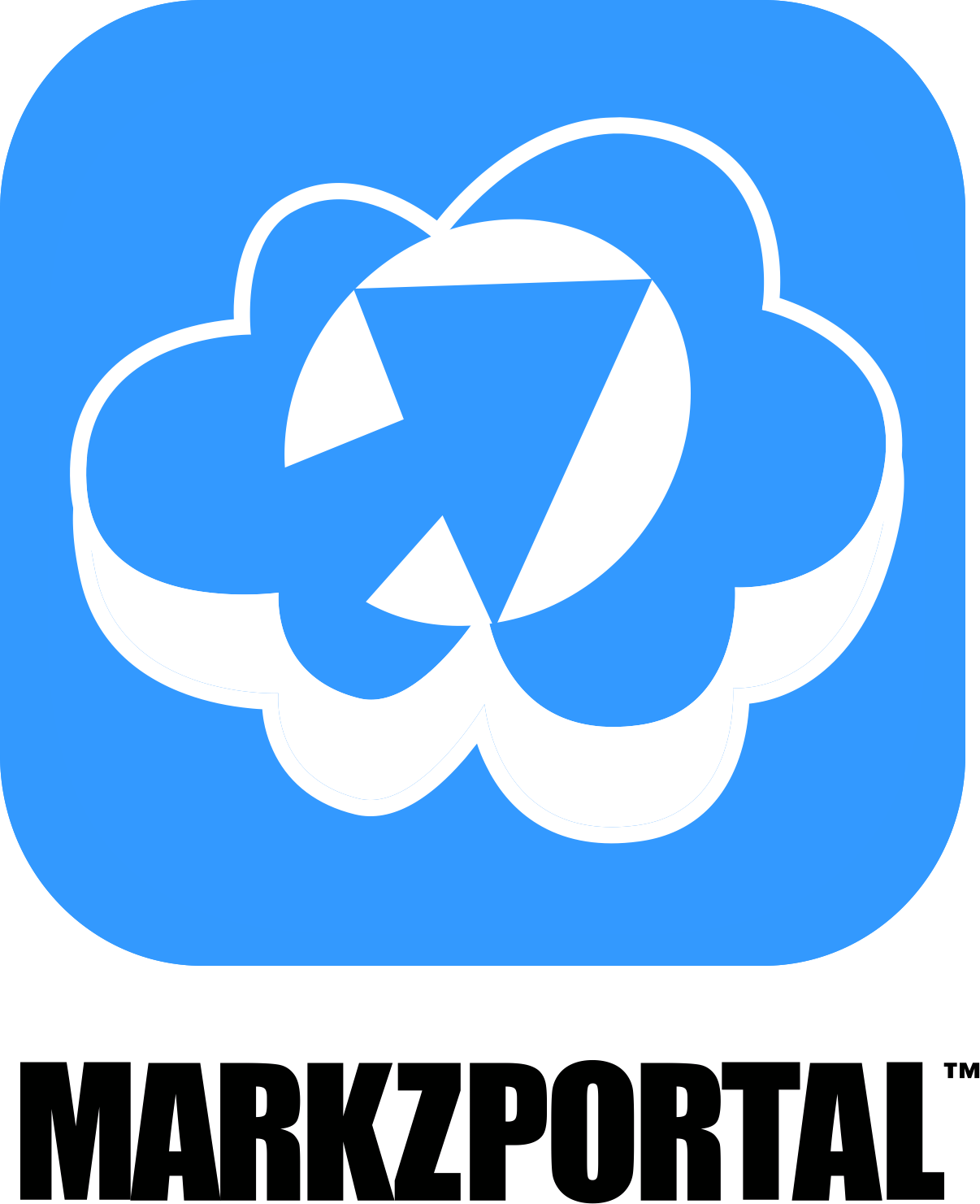 MarkzPortal Logo (Logotype), weißes Symbol auf blauem Hintergrund mit schwarzem Schriftzug, 1206 x 1481