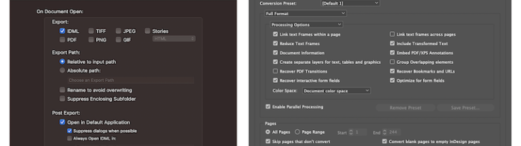 PDFMarkz vs. PDF2ID Comparison: PDF to Adobe InDesign File Converters, 780x495. "PDFMarkz" in Pink. "vs. PDF" in Black. "2" in Red. "ID" in Black. PDFMarkz "Automation" User Interface. PDF2ID "Options" User Interface. All on White Background.