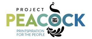 Project Peacock logotype (Print Media Centr , Printspiration for the People, Deborah Corn, 4100x1750): "PROJECT" in Black Text over "PEACOCK" in Green to Blue Gradient, with "Print Media Centr" Inside the "O" and Black Peacock Icon with Top above the "O" and Tail below the "O". "PRINTSPIRATION FOR THE PEOPLE" in Blue on White Background.