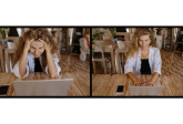 Top Graphic Design Challenges & Pain Point Solutions for Graphic Designers, 780x400: Two Photos of a Female Graphic Designer with Blonde Hair, wearing a Black Top with a White Overshirt, at a Wooden Table with a Laptop. In the First Photo, She Is Stressed. In the Second Photo, She Is Happy.