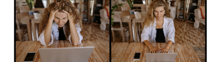 Top Graphic Design Challenges & Pain Point Solutions for Graphic Designers, 780x400: Two Photos of a Female Graphic Designer with Blonde Hair, wearing a Black Top with a White Overshirt, at a Wooden Table with a Laptop. In the First Photo, She Is Stressed. In the Second Photo, She Is Happy.