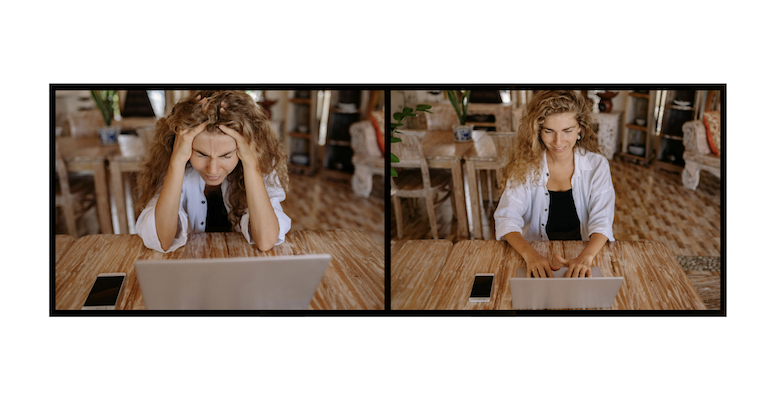 Principaux défis de conception graphique et solutions aux problèmes pour les graphistes, 780 x 400&nbsp;: deux photos d'une graphiste aux cheveux blonds, portant un haut noir avec une surchemise blanche, à une table en bois avec un ordinateur portable. Sur la première photo, elle est stressée. Sur la deuxième photo, elle est heureuse.
