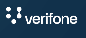 Verifone logotype (ecommerce & Markzware Affiliate Program partner), 2120x950: Verifone Icon (5 White Dots in a "V" Shape with the Right 2 Dots Merging) and "verifone" in White Text on Blue Background.