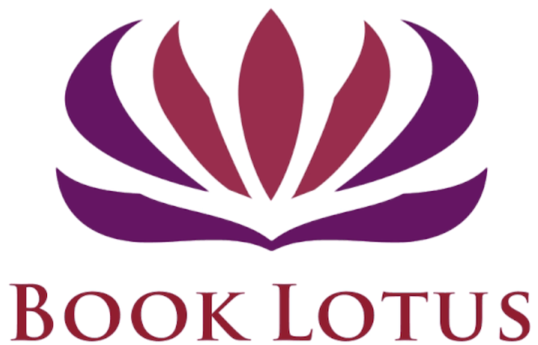 Logotype Book Lotus Productions, 780x500 : icône de fleur de lotus avec des feuilles violettes, 2 pétales violets à gauche et à droite, 3 pétales marron au centre, sur « Book Lotus » en marron.