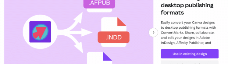 Convert Canva Design PDFs to Affinity Publisher, Adobe InDesign, & QuarkXPress: ConvertMarkz (user interface 780x400 GIF): ConvertMarkz Landing Page interface (ConvertMarkz Logo, Right Arrow, .AFPUB File, .INDD File, & .QXP File icons), ConvertMarkz Export interface (USA Road Trip preview & "Export to Convert" button with steps), and ConvertMarkz Preview interface (Gila Hot Springs document page image preview).