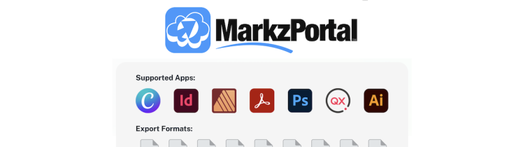 Different File Types in Content Document Production Workflows: MarkzPortal Online PDF & DTP File Converter (Markzware White Paper). Markzware Logo & “White Paper” in Black. MarkzPortal Logo. “Supported Apps:” in Black. Canva, InDesign, Affinity Publisher, Acrobat, Photoshop, QuarkXPress, & Illustrator Logos. “Export Formats:” in Black. IDML, PDF, JPEG, TIFF, GIF, TXT, RTF, & HTML File Icons. All on a White Rectangle (Landscape Mode).