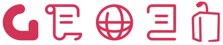 Logo und Services der Galledia Group AG, 780 x 160: Rotes, stilisiertes, fettes „G“ und rot umrandete Symbole eines Dokuments, Globus, Buchs und Rednerpults auf einem weißen Rechteck.