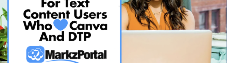 Export Canva PDFs & DTP to Other Files (File Formats & Image Formats): MarkzPortal, 780x1176: “Welcome to Markzware MarkzPortal” in White. “For Text Content Users Who Love Canva And DTP.” in Black. "For Text Content Users Who Love Canva & DTP” in Black. MarkzPortal Submenu Logotype. “Experience Now" in White & White Heart on Blue Button. Female in Orange Blouse Views Laptop. 5 Article Titles with “3. Export DTP Files as Text & Image Formats” Highlighted in White. All on Blue Rectangle Background (Portrait Mode)
