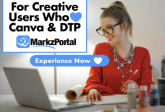 MarkzPortal Schnellstart: Canva PDF- und DTP-Dateikonverter – Übersicht, 780x1176: Für kreative Anwender, die Wert auf Qualität legen Canva & DTP. Jetzt erleben. (780x780). „Willkommen bei Markzware MarkzPortal„in Weiß. Für kreative Nutzer, die lieben Canva & DTP“ in Schwarz. MarkzPortal Logo für das Untermenü. „Jetzt erleben“ in Weiß und weißes Herz auf blauem Button. Frau in roter Bluse betrachtet Laptop. Alles auf blauem Rechteckhintergrund (Hochformat). 5 Artikelüberschriften mit „1. Schnellstartanleitung“. MarkzPortal„Übersicht“ (weiß hervorgehoben). Alles auf blauem Rechteck (Hochformat).