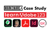 InDesign, PDF & QuarkXPress Converter for Publishing: OmniMarkz at LearnAdobe123 (Markzware Case Study), 1200x628. Markzware Logo. "Case Study" in Black. LearnAdobe123 Logo. OmniMarkz Logo. Amybeth Menendez Profile Photo. Acrobat, InDesign, & QuarkXPress Logos. All on White Rectangle.