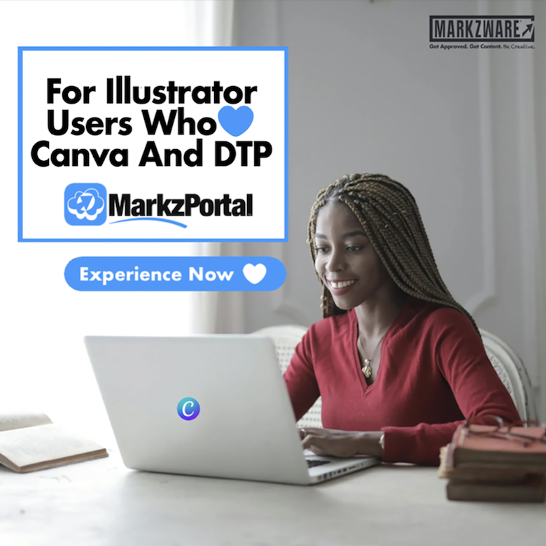 MarkzPortal Publicité Journey 4 : Pour les utilisateurs d’Illustrator qui aiment Canva Et PAO. Découvrez-le maintenant. 780 x 780. « Pour les utilisateurs d'Illustrator qui aiment Canva & DTP” en noir. MarkzPortal Logo du sous-menu. « Découvrez maintenant » en blanc et cœur blanc sur bouton bleu. Femme en pull rouge regardant un ordinateur portable.