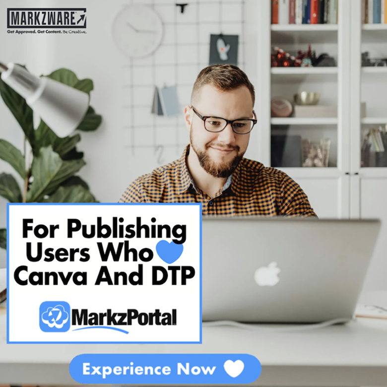 MarkzPortal Annonce Journey 5&nbsp;: Pour les utilisateurs qui publient et qui aiment Canva Et PAO. Découvrez-le maintenant. 780x780&nbsp;: «&nbsp;Pour les utilisateurs de publication qui aiment Canva & DTP” en noir. MarkzPortal Logo du sous-menu. «&nbsp;Découvrez maintenant&nbsp;» en blanc et cœur blanc sur bouton bleu. Homme en chemise à carreaux orange et noire regardant un ordinateur portable.