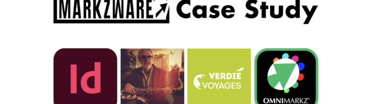 Open Adobe InDesign Files: OmniMarkz at Verdié Voyages (Markzware Case Study), 1200x628: Markzware Logo "Case Study" in Black. InDesign Logo. Jacques Dubuc Profile Photo. Verdié Voyages Logo. OmniMarkz Logo. All on White Rectangle.