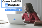 Open Illustrator Files Without Adobe Illustrator App: MarkzPortal, 780x1176: “Welcome to Markzware MarkzPortal” in White. “For Illustrator Users Who Love Canva & DTP” in Black. MarkzPortal Submenu Logotype. “Experience Now" in White & White Heart on Blue Button. Female in Red Sweater Views Laptop. 5 Article Titles with “4. Open .ai files Without Adobe Illustrator” Highlighted in White. All on Blue Rectangle (Portrait Orientation).