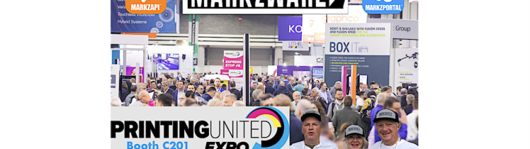 PRINTING United Expo Print Event, Las Vegas: Markzware Newsletter Aug 2024, white border, 1200x628. MarkzAPI Logo. Markzware white on black Logo with white frame. MarkzPortal Logo. PRINTING United Expo Logo. "Booth C201" in Blue. "September 10-12, 2024 Las Vegas Convention Center" in Black. David Dilling, Mary Gay Marchese-Pettit, & Patrick Marchese in Markzware T-Shirts & Markzware Baseball Caps. All on Background of PRINTING United Expo Show Floor with Attendees. White Border.