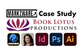 Prepress Preflighting for Book Printing: FlightCheck at Book Lotus Productions (Markzware Case Study), 1200x628. Markzware Logo. "Case Study" in Black. Book Lotus Productions Logotype. FlightCheck Logo. Terri Wright Profile Photo. InDesign, Photoshop & Illustrator Logos. All on White Rectangle.