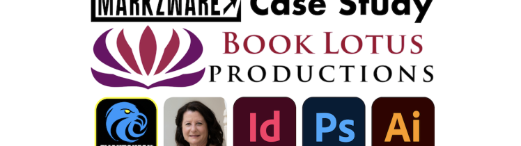 Prepress Preflighting for Book Printing: FlightCheck at Book Lotus Productions (Markzware Case Study), 1200x628. Markzware Logo. "Case Study" in Black. Book Lotus Productions Logotype. FlightCheck Logo. Terri Wright Profile Photo. InDesign, Photoshop & Illustrator Logos. All on White Rectangle.