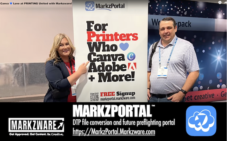 Canva 💙 Liebe beim DRUCKEN Vereint mit Markzware! (Videobild, 780x485): „Canva 💙 Liebe beim DRUCKEN Vereint mit Markzware!“ in Schwarz auf Beige. Charity Gibson, Proforma, zeigt auf eine Anzeige, die hat MarkzPortal Logo, „Für“ in Schwarz, „Druckereien“ in Rot, „Wer“ in Schwarz, blaues Herz, „Canva„in Schwarz“ Canva „C“-Logo, „Adobe“ in Schwarz, Adobe „A“-Logo, „+ Mehr!“ in Schwarz, QR-Code, „KOSTENLOS“ in Rot, „Anmelden markzportal.markzware.com“ in Schwarz Markzware Logo in Weiß auf Schwarz, „MarkzPortal TM, DTP-Dateikonvertierung und zukünftiges Preflighting-Portal https://markzportal.markzware.com” in Weiß auf Schwarz, MarkzPortal Symbol in Blau.