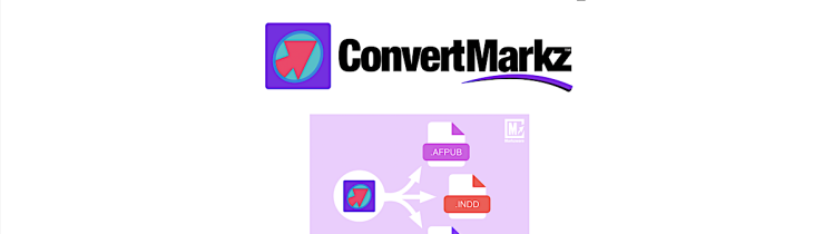Convert Canva Designs to Layout App Formats: Canva PDF to DTP File Converter, ConvertMarkz (Markzware White Paper), 1200x628. Markzware Logo. “White Paper” in Black over ConvertMarkz Logotype over Purple Landscape Rectangle Containing Markzware “M” Logo over “Markzware” in white. ConvertMarkz Icon in White Circle with 3 Right Arrows, Each Pointing to a .AFPUB File, .INDD File, & a .QXP File. All on a White Landscape Rectangle Background.
