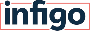 Infigo Logo, red & blue on white, 780x270: "infigo" in Dark Blue, Overlapping Red Outline on White Background.