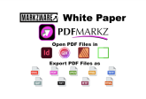 Transform PDF Files into Dynamic, Interactive Documents in Other Formats, in Seconds: PDF Converter for Graphic Designers, PDFMarkz (Markzware White Paper), 1200x628. Markzware Logo in Black. “White Paper” in Black. PDFMarkz Logotype. “Open PDF Files in” in Black. InDesign, QuarkXPress, Affinity Publisher, & More Logos. “Export PDF Files as” in Black. IDML, PDF, JPEG, PNG, TIFF, GIF, TXT, RTF, & HTML File Icons.