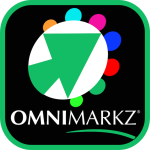 OmniMarkz Logo 773x773 PNG: OmniMarkz Green Arrow Icon with Multicolor Ovals Emerging from White Oval over "OmniMarkz" in White Text over Green Swoosh on Black Background in Green Frame with Rounded Corners.