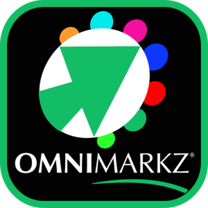 OmniMarkz Logo 773x773 PNG: OmniMarkz Green Arrow Icon with Multicolor Ovals Emerging from White Oval over "OmniMarkz" in White Text over Green Swoosh on Black Background in Green Frame with Rounded Corners.