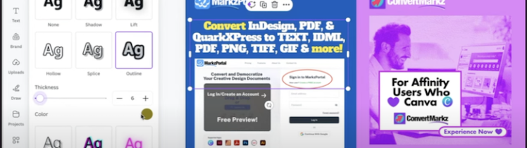 Canva: How to Add Multiple Text Effects & Export to Many Formats. "Canva How to Add Multiple Text Effects" in White Text on Background of Canva "Effects" User Interface, with a MarkzPortal (in Blue) & ConvertMarkz (in Purple) Design.