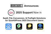 QuarkXPress 2025 Support in MarkzPortal, OmniMarkz, QXPMarkz & FlightCheck, 1200x628: Markzware Logo in Black. "Announces" in Black. QuarkXPress Logo. "2025 Support Now in SaaS, File Conversion, & Preflight Solutions for QuarkXPress 2025 Document Users" in Black. Logos for MarkzPortal, OmniMarkz, QXPMarkz, & FlightCheck.
