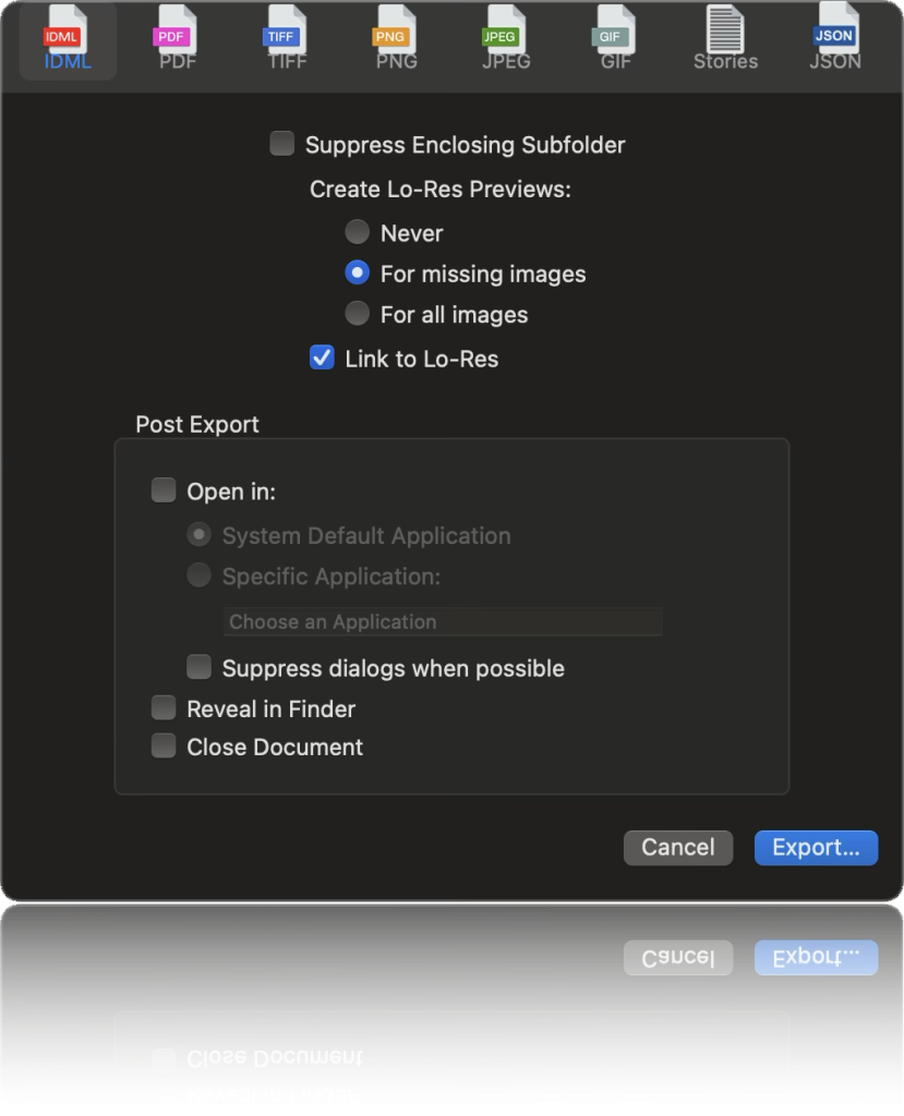 OmniMarkz 2026 export InDesign, PDF, & QuarkXPress files & many formats (dark mode) user interface (UI)