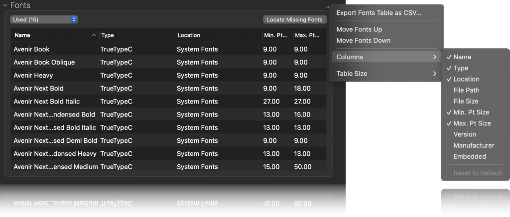 FlightCheck 2025 Fonts (dark mode) user interface (UI)