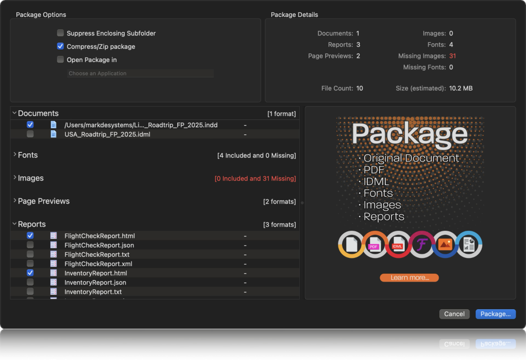 FlightCheck 2026 packaging interface showing the original document, PDF, IDML, fonts, images, previews, and reports included in a complete job package