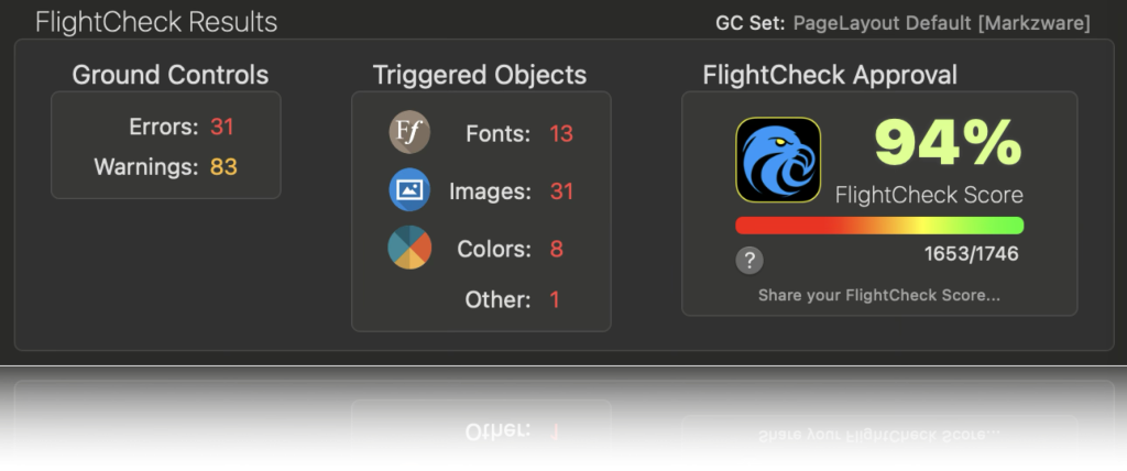 FlightCheck 2025 Results panel errors warnings triggered objects find missing fonts (dark mode) user interface (UI)
