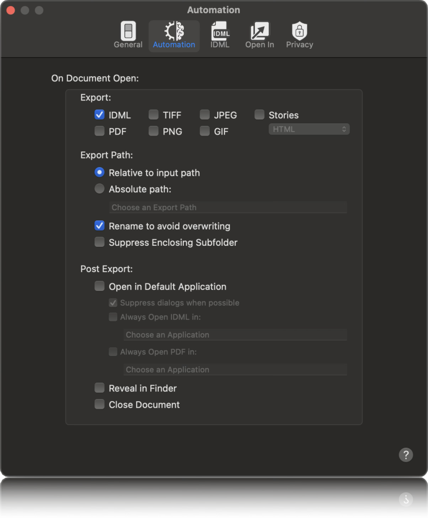 IDMarkz 2025 automation automatically export open file in chosen app (dark mode) user interface (UI)