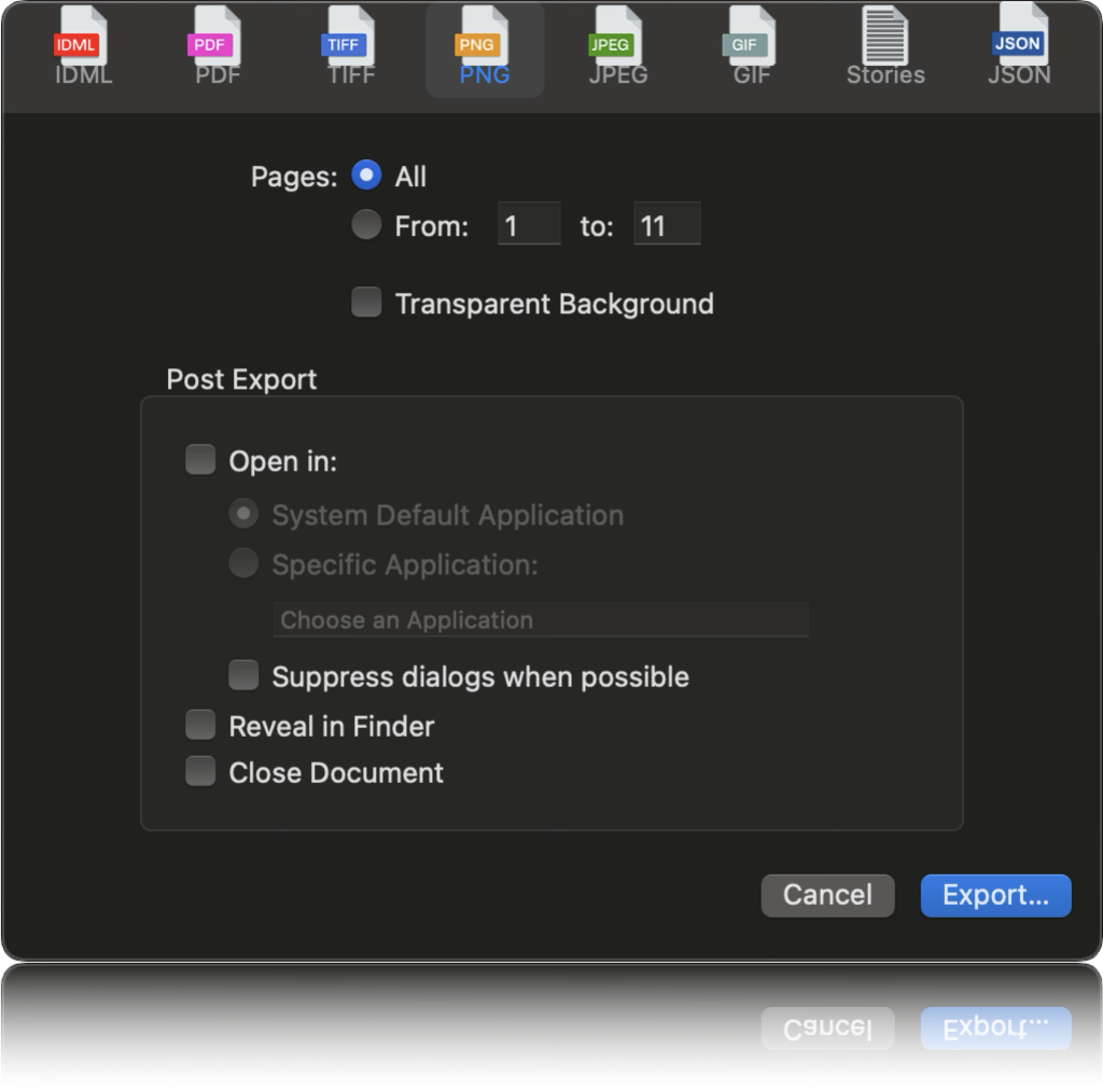 IDMarkz 2025 Export options export adobe indesign files as many formats (dark mode) user interface (UI)
