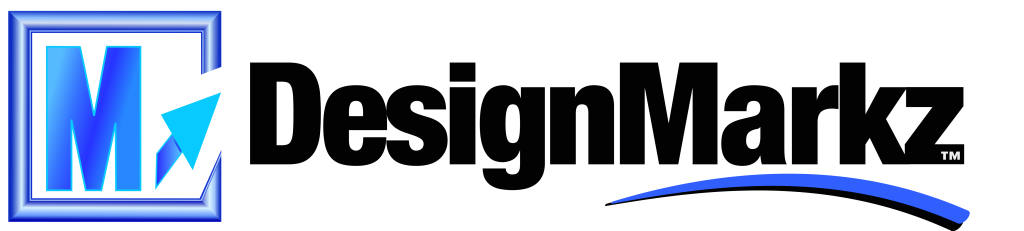 Logo for "DesignMarkz" featuring a bold blue letter "M" inside a metallic blue-bordered square with a blue arrow overlapping the corner. The text "DesignMarkz" is in black with a blue swoosh underline curving upward on the right. A small trademark (TM) symbol appears near the end of the text.
